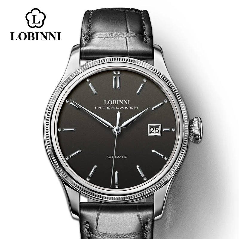 Швейцарские роскошные Брендовые Часы LOBINNI Japan MIYOTA, Мужские автоматические механические часы, сапфировые водонепроницаемые часы - Цвет: Silver-Black-Black