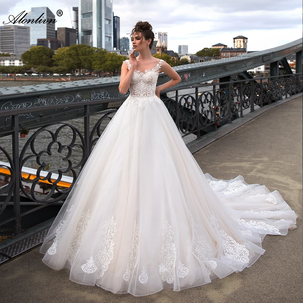 

Alonlivn Elegant Tulle O-Neck Sleeveless Floor-Length Appliques Lace A-Line Wedding Dresses Bride Skirts