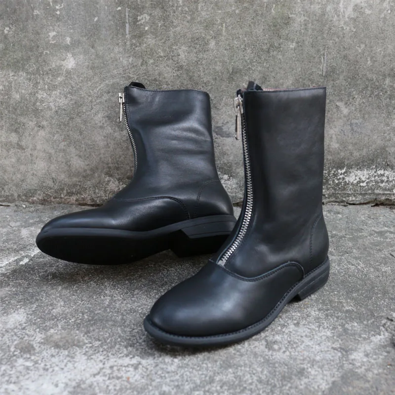 Женские сапоги из натуральной кожи; Плюшевые полусапожки; женская зимняя обувь; черные высокие женские ботиночки; женская обувь(8158-1