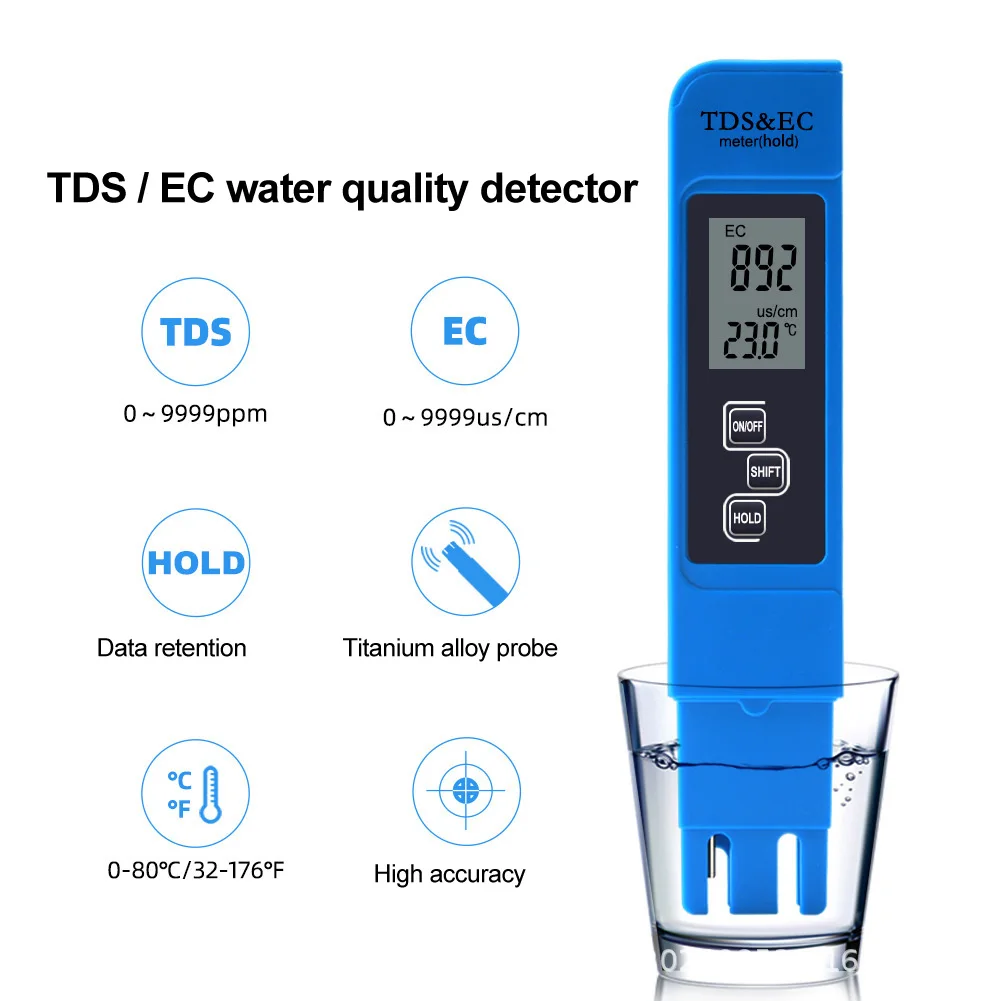 Detector de conductividad, Monitor de calidad del agua, herramienta de medida de pureza, LCD Digital 3 en 1, TDS/Temp/EC, TDS y EC 0-9990ppm