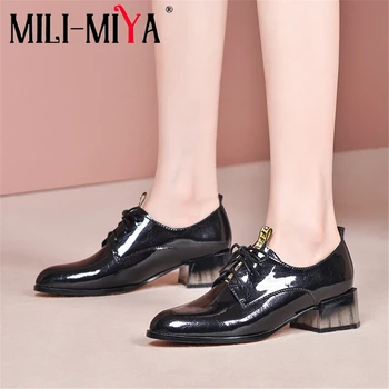 

MILI-MIYA Classic Women Patent Leather Pumps Round Toe Lace-Up Square Heels Solid Color Office&Career Spring Shoes For Ladies