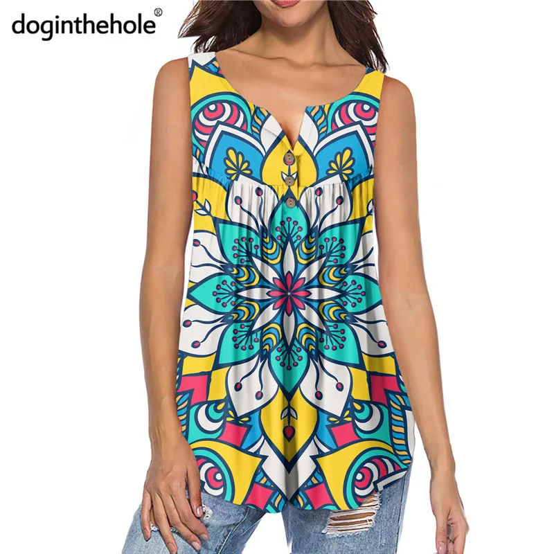 

Doginthehole Colorful Mandala Floral Print Women's Pleated Tank Tops Bohemian Style Summer Sleeveless Henley Shirts Loose Blouse