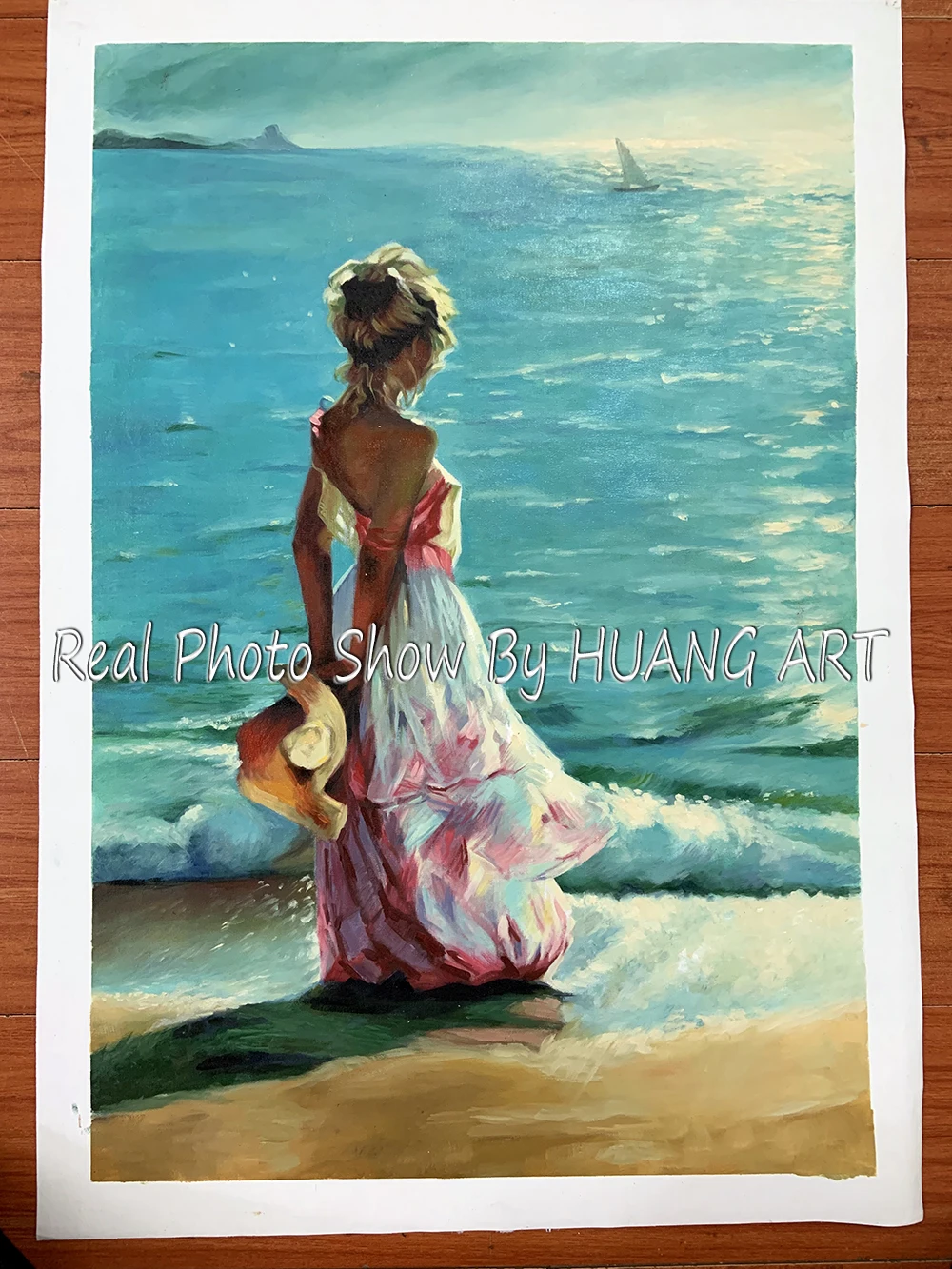 ◇絵画 手塗り風景 油絵 水彩画 少女 海 海辺 すすき◇