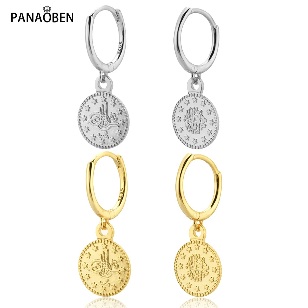 PANAOBEN 925 Sterling Silver Round Coins Pendiente Punk Slim Dangle Charm Fine Luxury Jewelry Drop Earrings for Women Classic | Украшения и