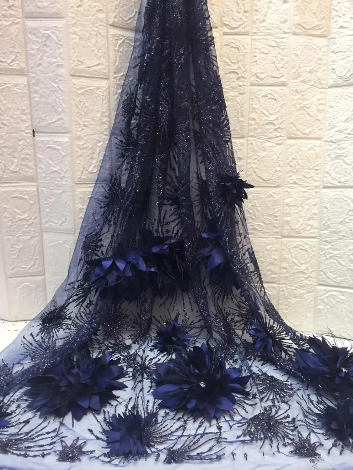 

French lace fabric 5yds/pce 3d handwork petals glitter stones fringe mesh fabrics women nigerian lagos party event asoebi 2019