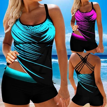 

Women Swimwear Summer Beach Stripe Back Tie Backless Bathing Suit Tankini Shorts Swimming Suit Plus Size 8XL