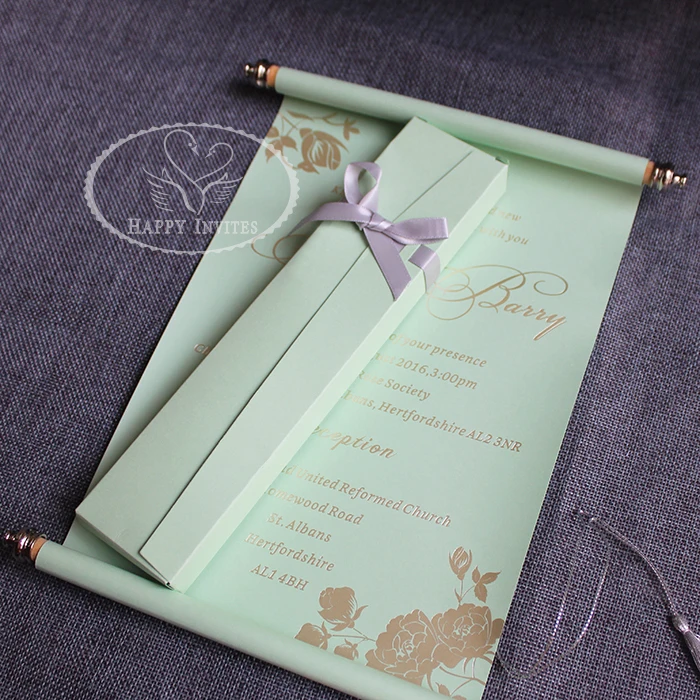HI2051-25 Customized Light Green  Scroll Wedding Invitation with Champagne Wirting