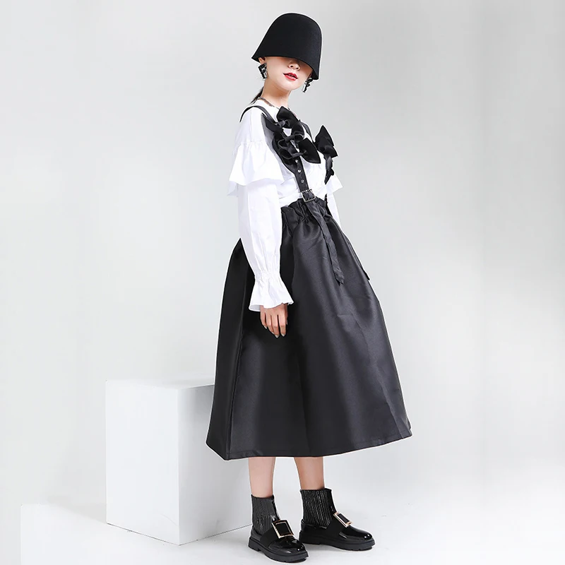 [EAM] Women Black Bow Split Joint Buckle Temperament Dress New Sleeveless Loose Fit Fashion Tide Spring Autumn 2020 1Z663