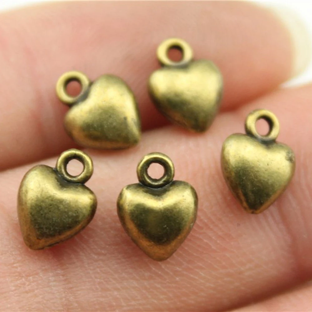 Wholesale 200pcs/bag 9x7x4mm Antique Gold Color Antique Silver Color Antique Bronze Color 3D Solid Tiny Heart Charm