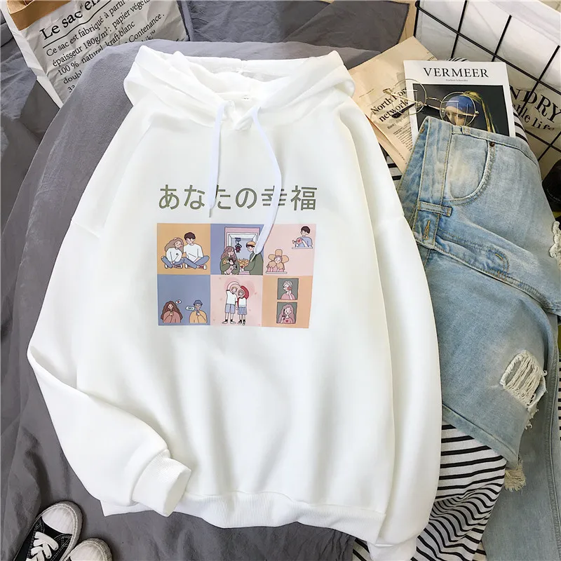 Толстовки женские толстые теплые в Корейском стиле женские Harajuku студенческие уличные с капюшоном с мультяшным принтом Kawaii одежда женские s милые - Цвет: B-white