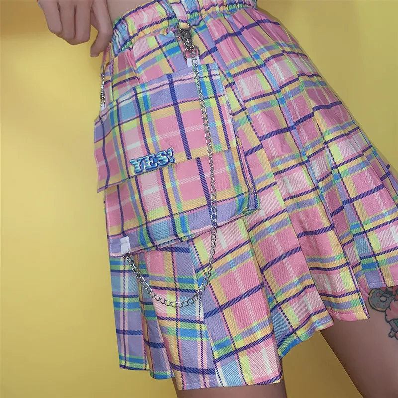 Flectit пастельная Радуга клетчатая юбка-карго с цепочкой и большим карманом плиссированная мини-юбка для женщин Harajuku девочек
