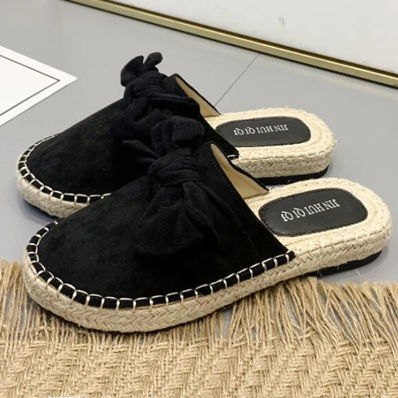 

Straw weaving fisherman shoes woman mules bowknot black slippers casual flats closed toe non-slip flip flops cloth lazy footwear