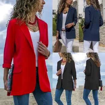 

Women Autumn Spring Long Sleeve Suit Jacket Solid Front Open Slim Coat