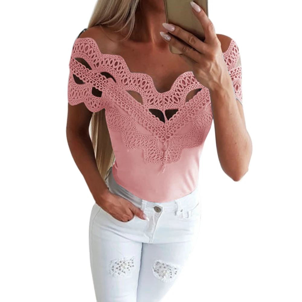 pink Puimentiua, модная летняя кружевная открытая женская блузка с коротким рукавом, повседневные свободные рубашки, топ, женская белая вязанная блуза 5XL - Цвет: pink