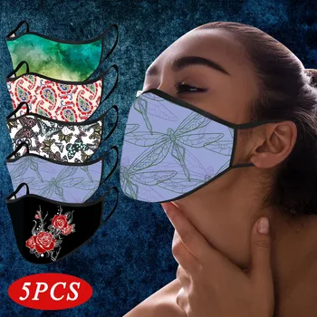 

5pcs Mascarillas Reutilizables Lavables Flower Tie-dye Butterfly Dragonflies Rose Printed Mascherine Unisex Safe Breathable Mask