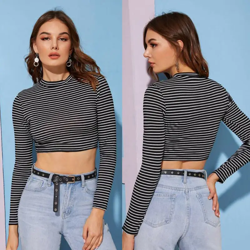 

Autumn Long Sleeve Striped Pullover Women Sweatshirt Knitted 2020 Turtleneck Tops Korean Pull Elegant Jumper Female White Black