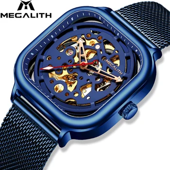 

MEGALITH watch automatic mechanical watch men waterproof lumnious blue mesh strap mechanical watches mens relogio masculino 8202