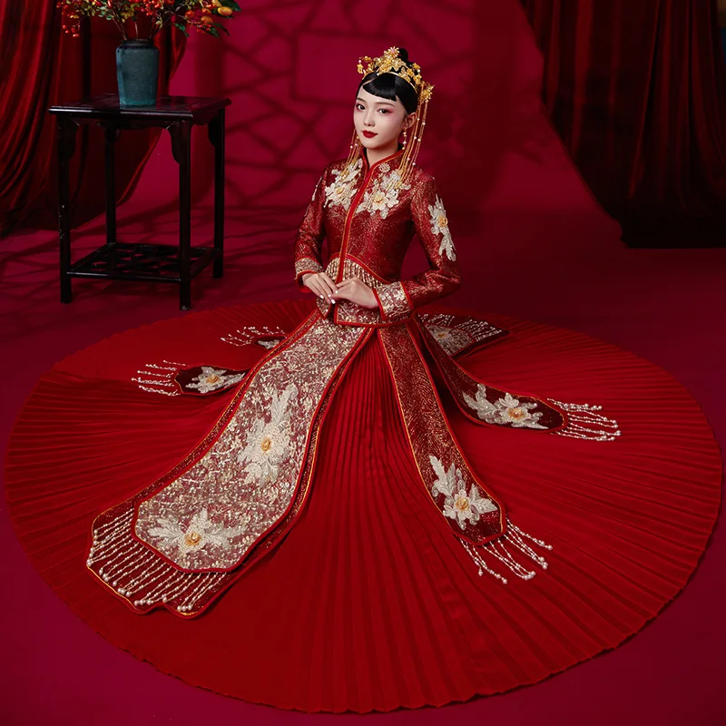 

Bride Costume Embroidery Luxury Chinese Wedding Dress Banquet High-quaity Classic Cheongsam China Qipao костюм для восточных