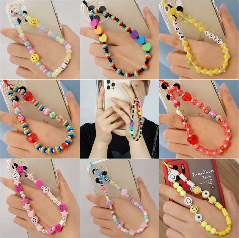 Colorful Smiling Beads Chain Phone Chain Lanyard Beads Mobile Phone Chain Anti-lost Handmade Acrylic Cord Lanyard for Women Gift 2 1628067660(1)
