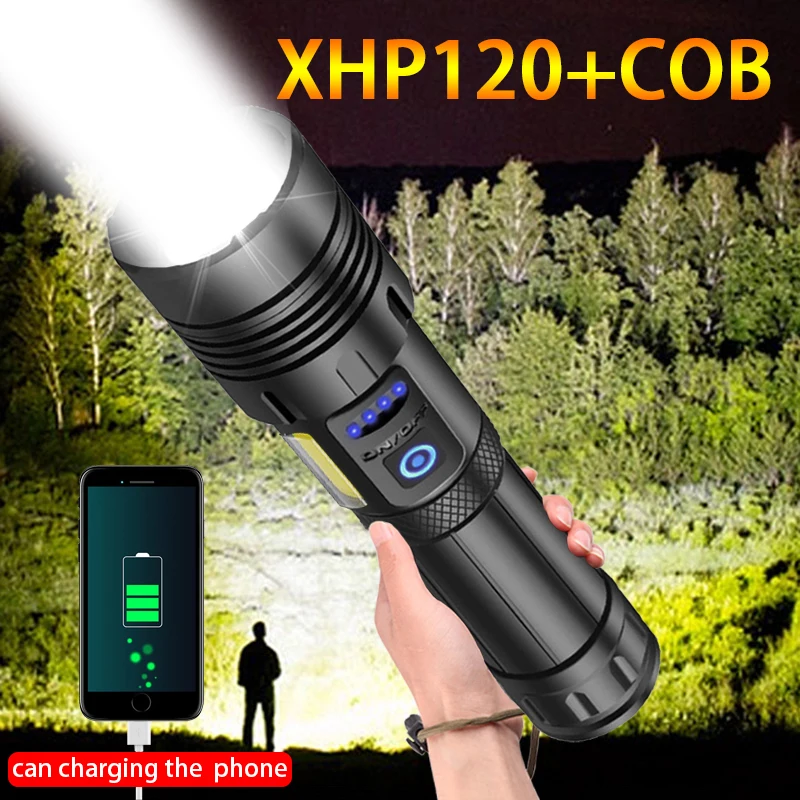 Super Bright Led Flashlights High Power Xhp120 With Cob Torch Light Rechargeable Tactical