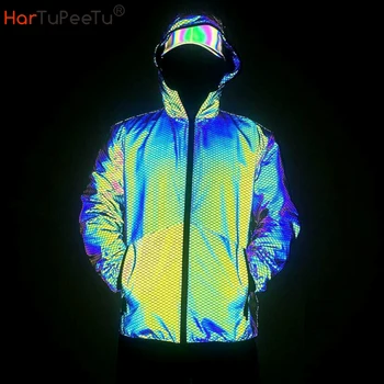2021 Spring Summer Men Reflective Jacket Rainbow Hooded Coat Waterproof Zip Perlage Print Hip Hop Plus Size Loose Night Outwear