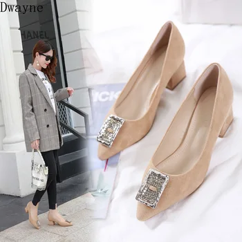 

Korean Version Simple High Heels Pointed Rhinestone Metal Buckle Womens Shoes Fashion Square Heel Single Shoes Party Dress Pumps