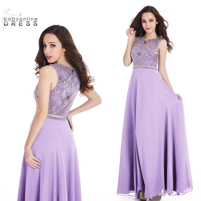 Vestidos largos de dama de honor de chiffon con tirantes de cuello halter Lila Tallas Grandes