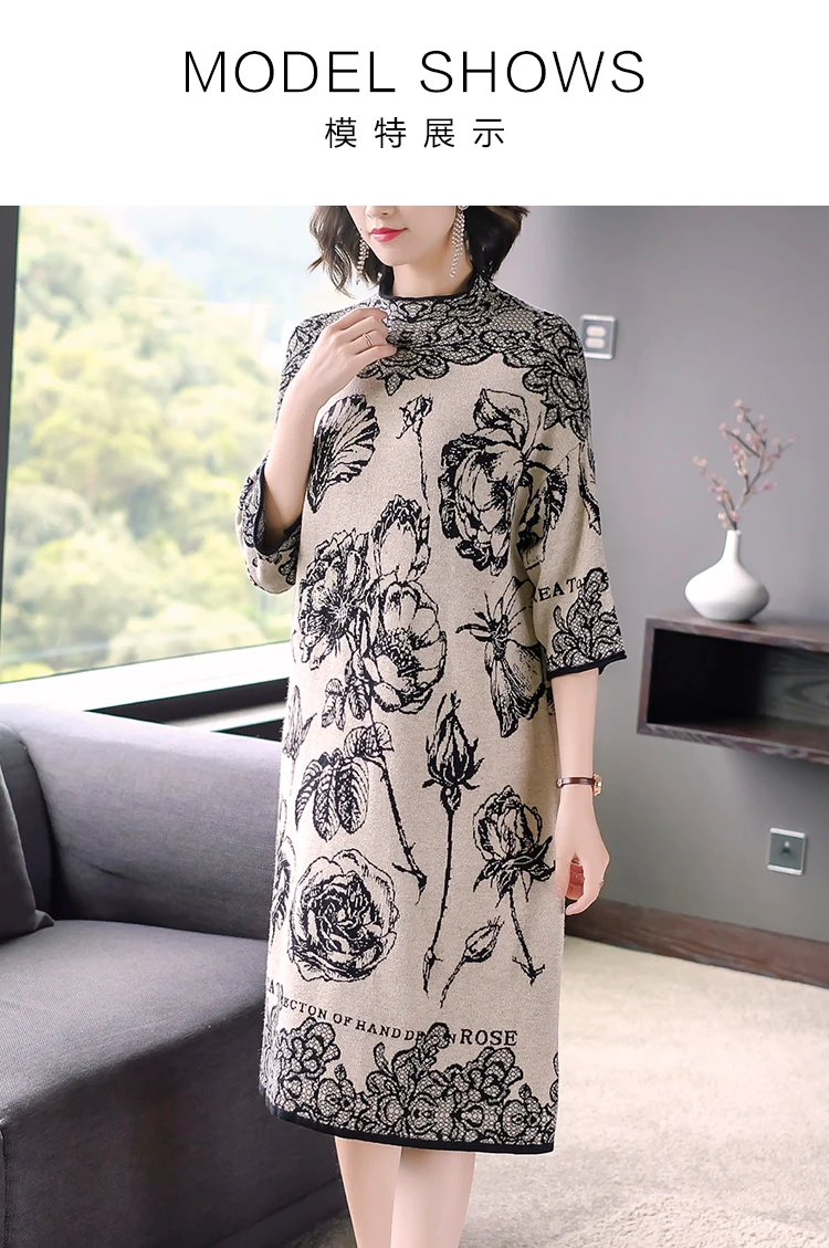 Vintage Floral Midi Dresses Autumn Winter New Female 3XL Plus Size Long Sleeve Dress Elegant Women Bodycon Party Vestidos