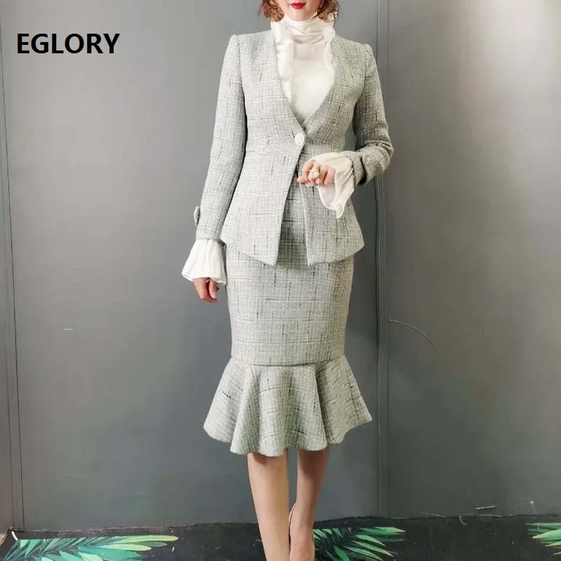 

Top Quality New Wool Suits 2020 Autumn Winter Jacket Set Women Color Block Patchwork Wool Blazer Jacket+Midi Wool Skirt Set 2pc