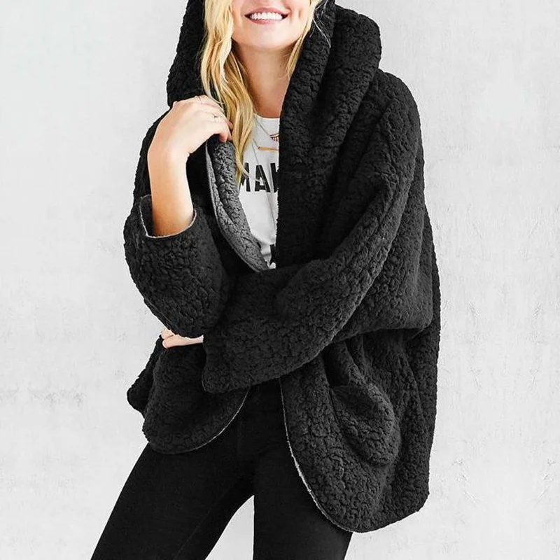

Women's Autumn And Winter Hoodie Coat Reversible Lamb Plush Thick Loose Warm Solid Casual Teddy Coat Pockets Hooded Outwear
