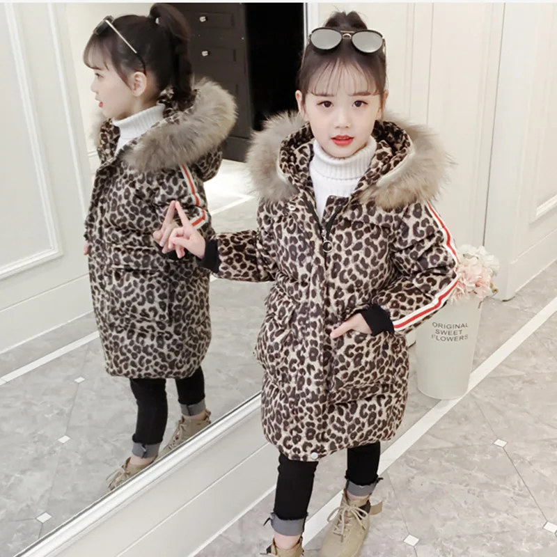 Leopard Утепленные зимние ветрозащитные теплые детские пальто с капюшоном для девочек; модные детские парки; флисовая куртка с леопардовым принтом; Тренч для девочек-подростков - Цвет: Leopard
