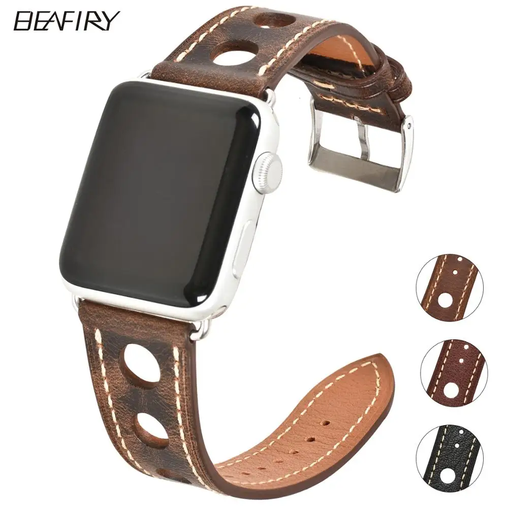 

Ремешок BEAFIRY маслодубленый для Apple Watch Band 4 5 44 мм, дизайнерский браслет из натуральной кожи с отверстиями для iwatch 3/2/1 42 мм, черный коричневый ремешок для часов