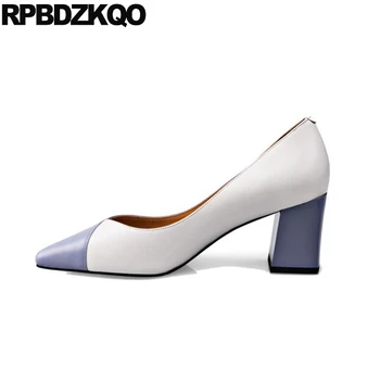

block italian slip on shoes luxury genuine leather fashion high heels blue designer chunky pointed toe thick 2019 women pumps