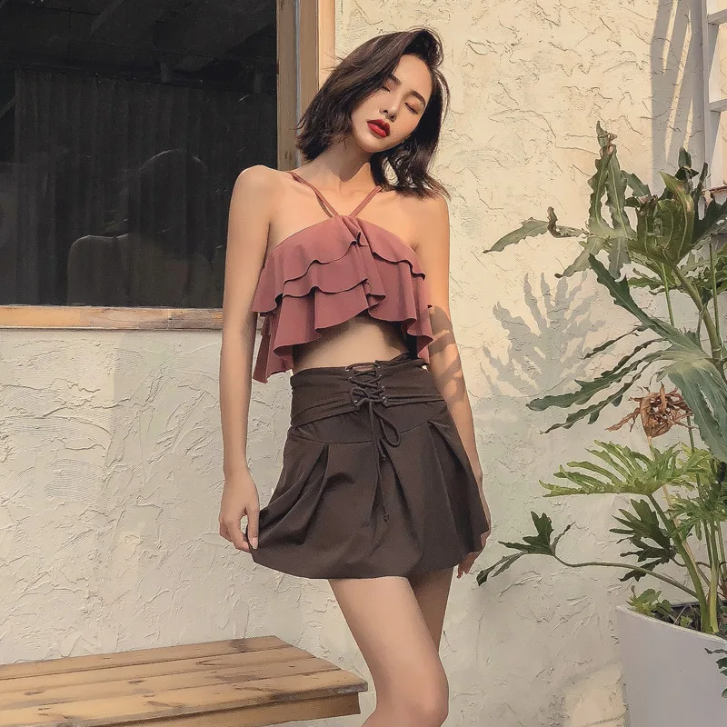 

Graceful Skirt Split Type Boxer Bikini Swimwear Conservative Flounced Bathing Suit Women's New Style Fresh INS Online Celebrity