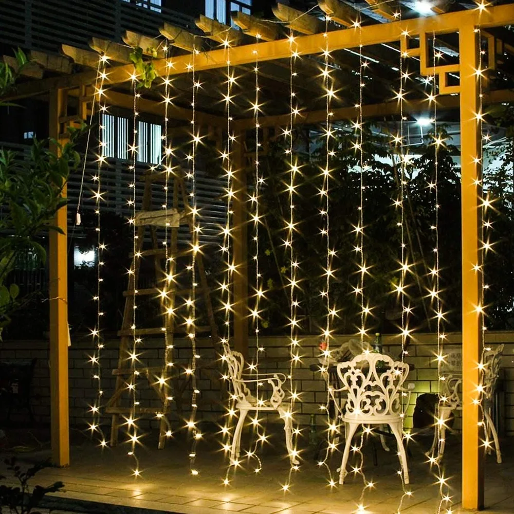Solar Curtain String Lights 300 LED Window String Lights with 8 Modes Remote Controller Decorative Lighting