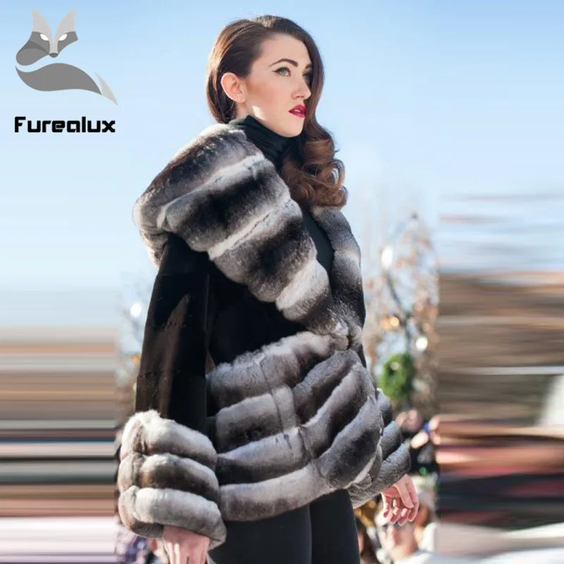 Furealux, высокое качество, роскошная зимняя куртка из меха кролика рекс для женщин, модная шуба из кролика Рекс, теплый меховой воротник, натуральный мех, пальто