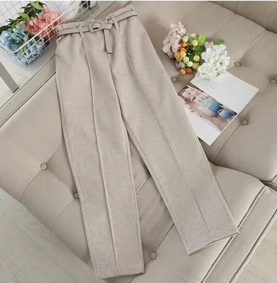 apricot trousers MUMUZI, зимние шерстяные штаны, женские, новые, с высокой талией, с поясом, шаровары, элегантные брюки, женские, Осенние, теплые, женские, длинные штаны - Color: apricot trousers