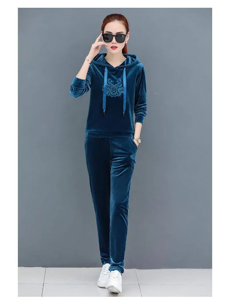 Sportwear Hooded Velvet Tracksuits Winter Women Plus Size Casual Ensemble Femme Jogging Two Piece Sets Embroidery Tops And Pants