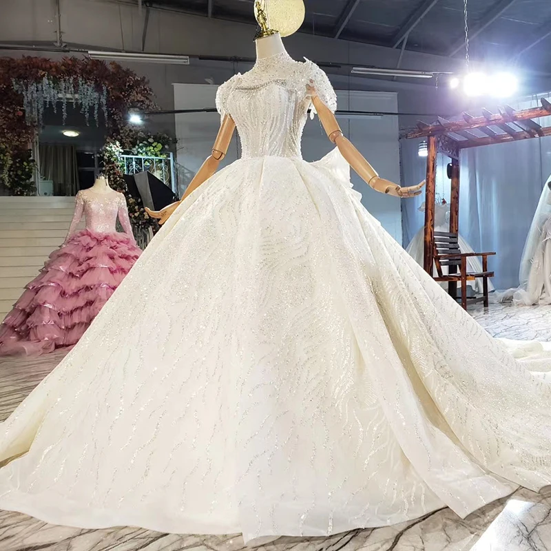HTL1881 Luxurious And Elegant Charming High Neck Crystal Beading Wedding Dress 2020 Ball Gowns Removable Long Sleeve 4