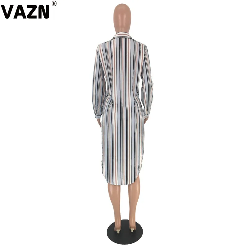 VAZN SM9052 Топ консервативный Классический Полосатый природа Повседневная мода Половина рукава жоржет прямые женские Асимметричные миди платье