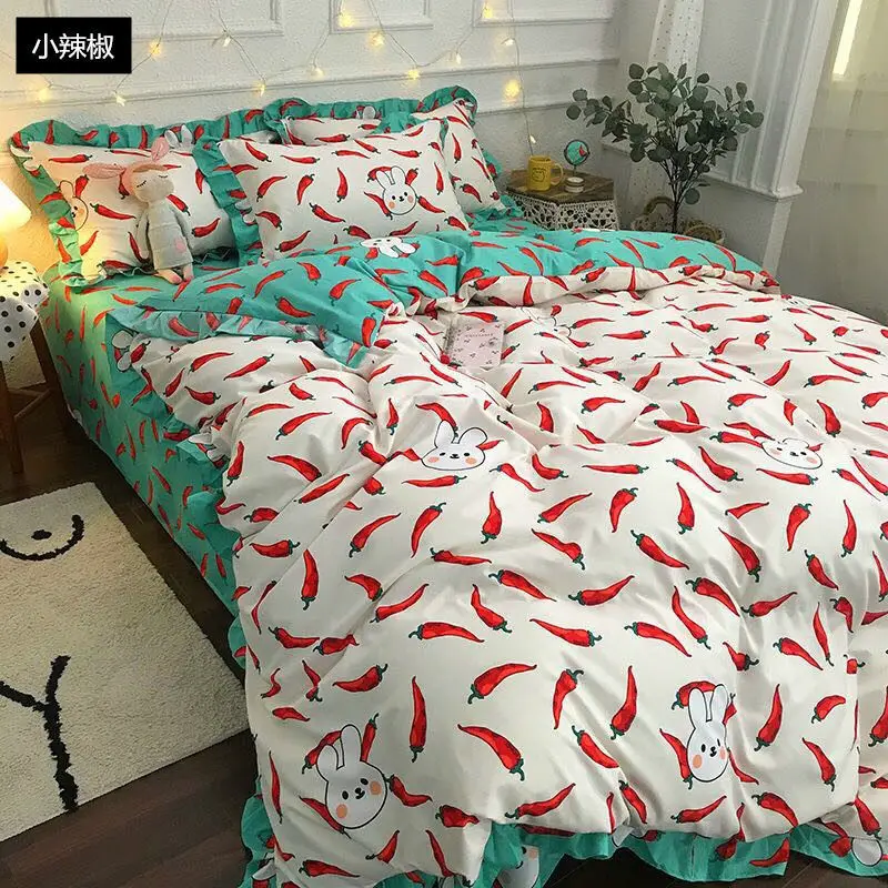 Four-piece set on a lotus leaf bed Korean style fragrant taro purple grid soft small fragrant style bed sheet three-piece set 