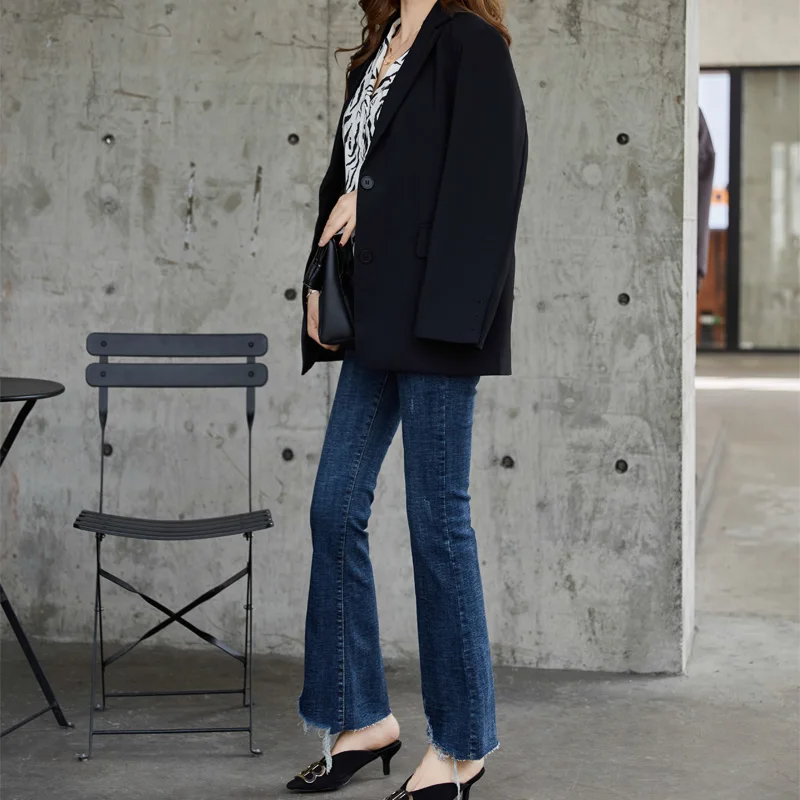 Autumn and winter women's jeans casual solid color high waist stretch flared jeans