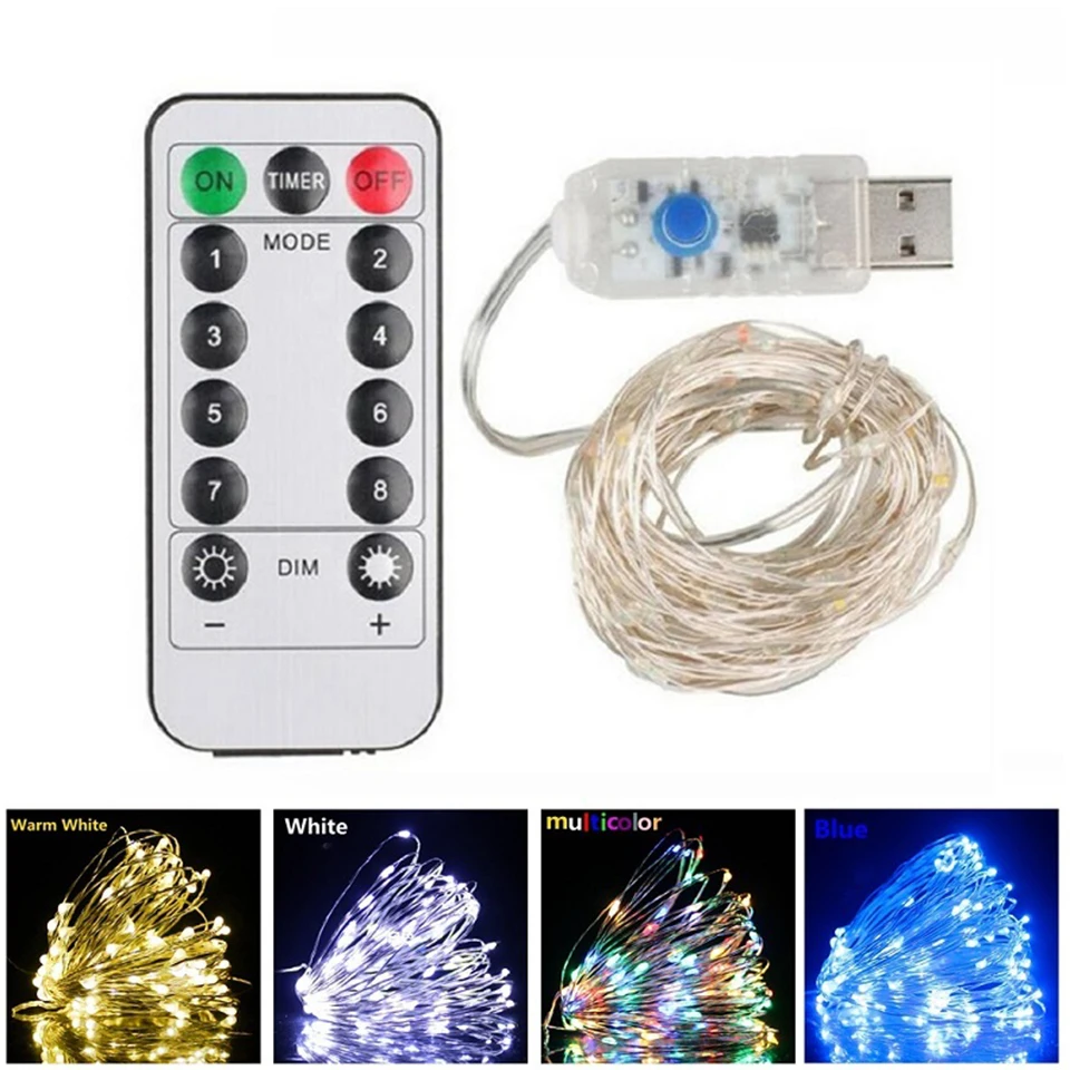 

8 Modes Remote Control Dimmable LED String Light USB 5M 10M Christmas Waterproof Silver Wire Christmas Fairy Garlands Light