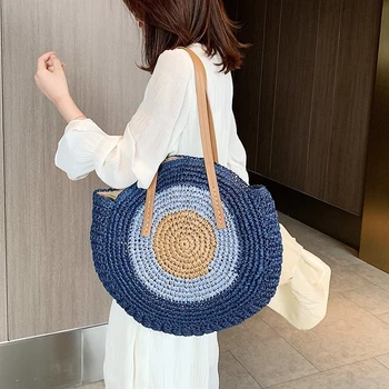 

Round Straw Bags Women Summer Rattan Bag Handmade Woven Beach Cross Body Bag Circle Bohemia Handbag High Capacity Women Bag
