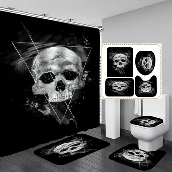 

Skull Bathroom Halloween Shower Curtains Non-Slip Floor Mat Rug Lid Toilet Cover Waterproof Bath Curtain for Bathtub Art Decor