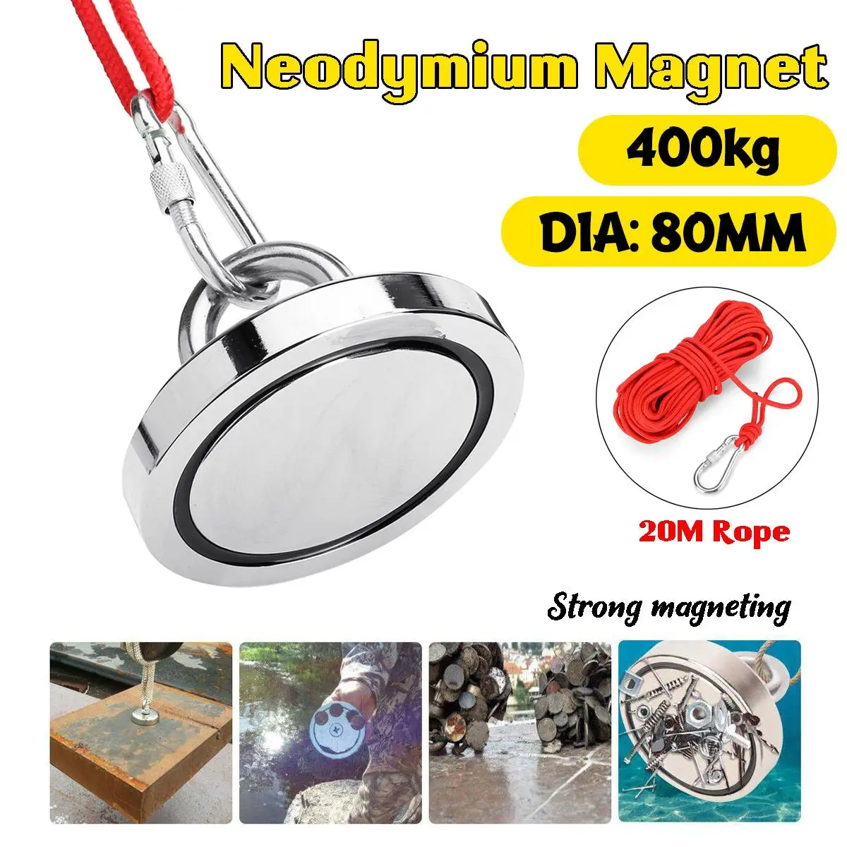 

400KG Double-sided Powerful Round Neodymium Magnet Hook with Ring+20M Rope,Salvage Magnet Sea Fishing Equipments Holder