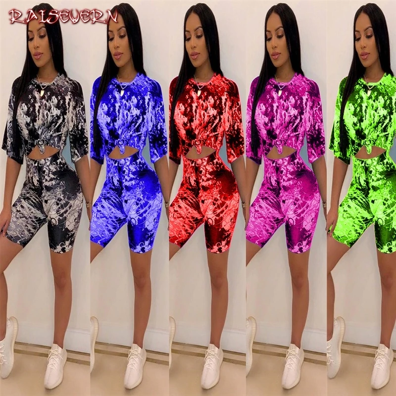 

RAISEVERN Sportswear V Neck Short Sleeved Regular Tshirt With Straight Tight Shorts Tie Dye 2piece Set 2019