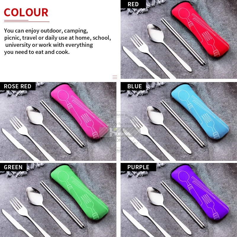 Stainless Steel Bento Box Cutlery set Portable Lunch Dinnerware Kit Knife Fork Spoon Chopsticks Travel Picnic Cutlery