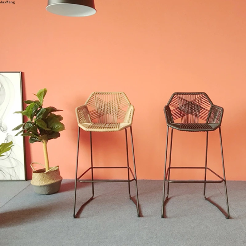 Nordic Bar Stool simple Modern High Feet Stool Rattan Chair Leisure Backrest Simple Household Bar Chair Creative Stools
