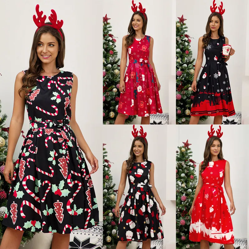 

Woman Christmas Party Dress Sexy Sleeveless O-Neck Printed Dresse Bow Bandage Slim A-Line Dress Lady Streetwear Vintage Vestidos